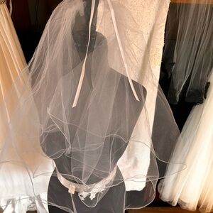 Two-Tier White Bridal Veil with Ribbon Tie and Sash set